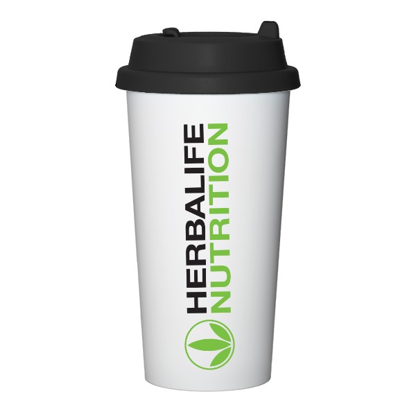 Termohrnek s černým víčkem a barevným logem 